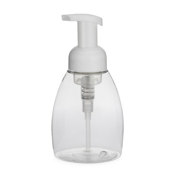 Clear foam soap dispenser with white pump on a white background