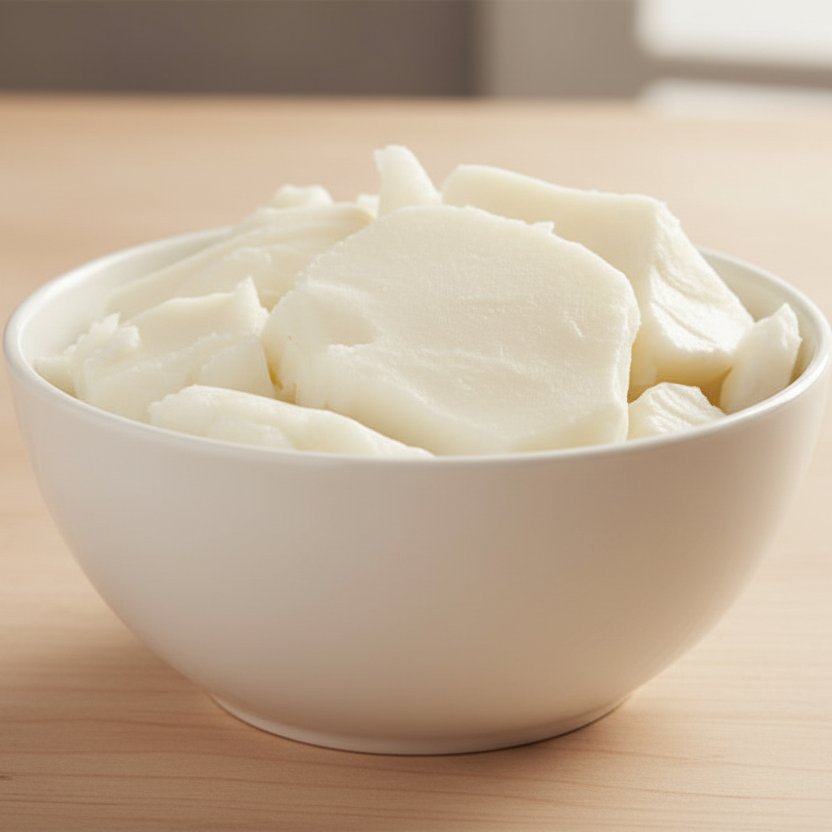 White bowl filled with sustainable palm oil on a wooden surface