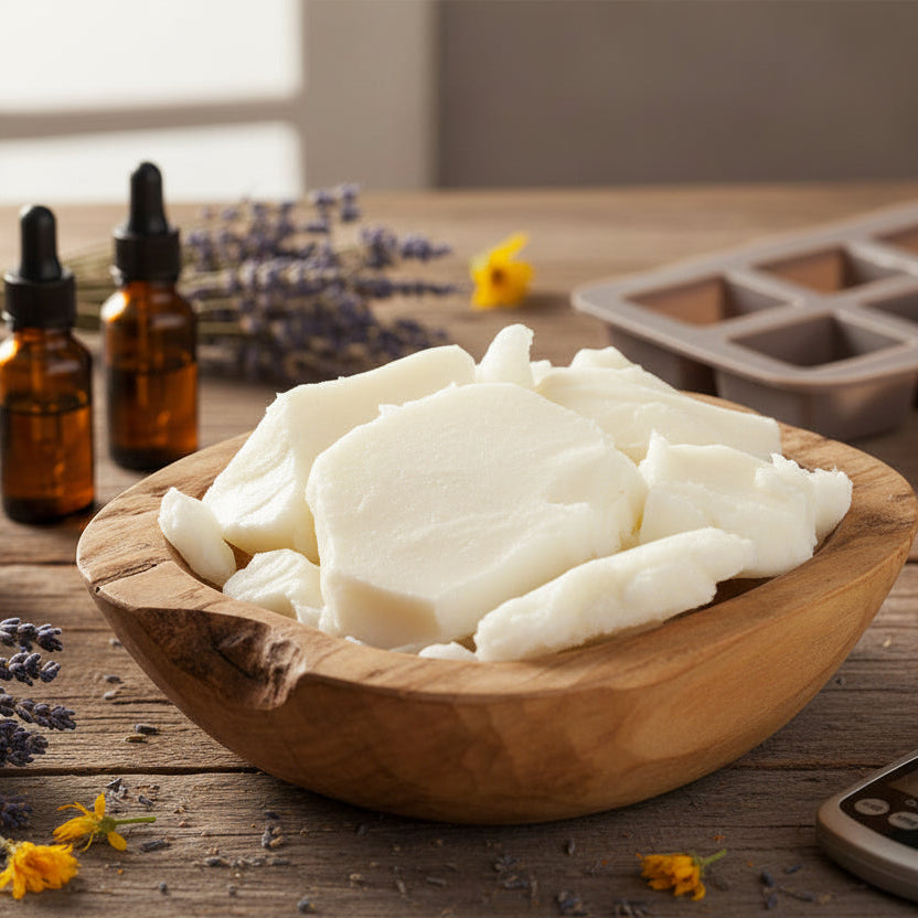 Wooden bowl with palm oil on a wooden table with various soapmaking ingredients and tools.