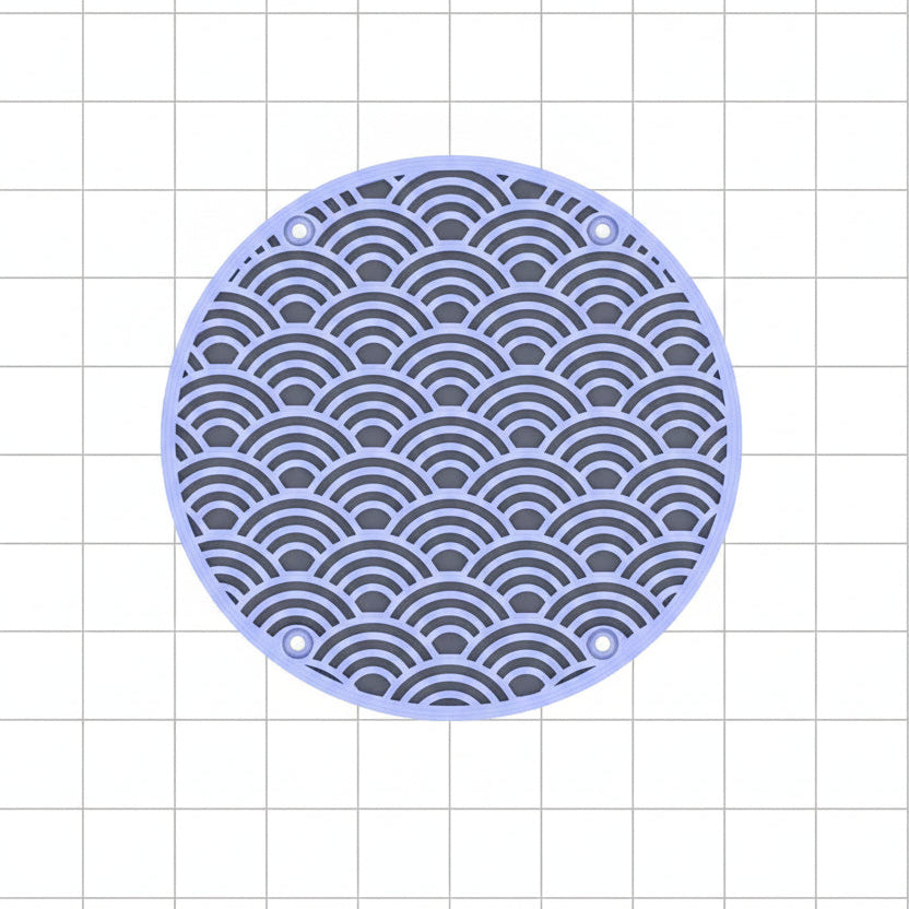 3D printed draining tray with a Japanese wave pattern, shown on a computer screen displaying a grid design software interface.