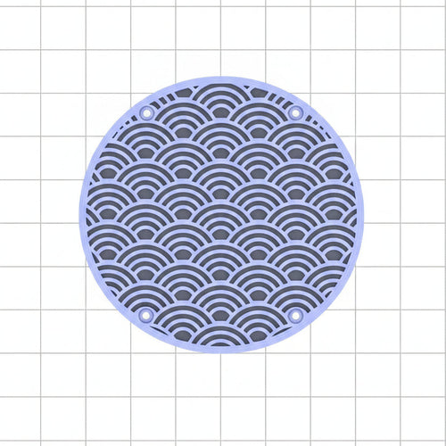 3D printed draining tray with a Japanese wave pattern, shown on a computer screen displaying a grid design software interface.