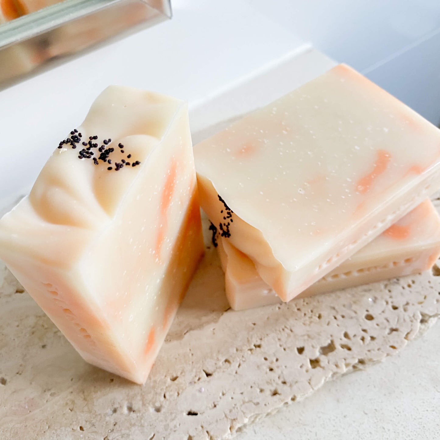 Sweet Orange & Poppyseed handmade, vegan, essential oil soap. view from the top