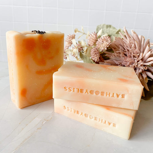 Sweet Orange & Poppyseed handmade, vegan, essential oil soap. front view.