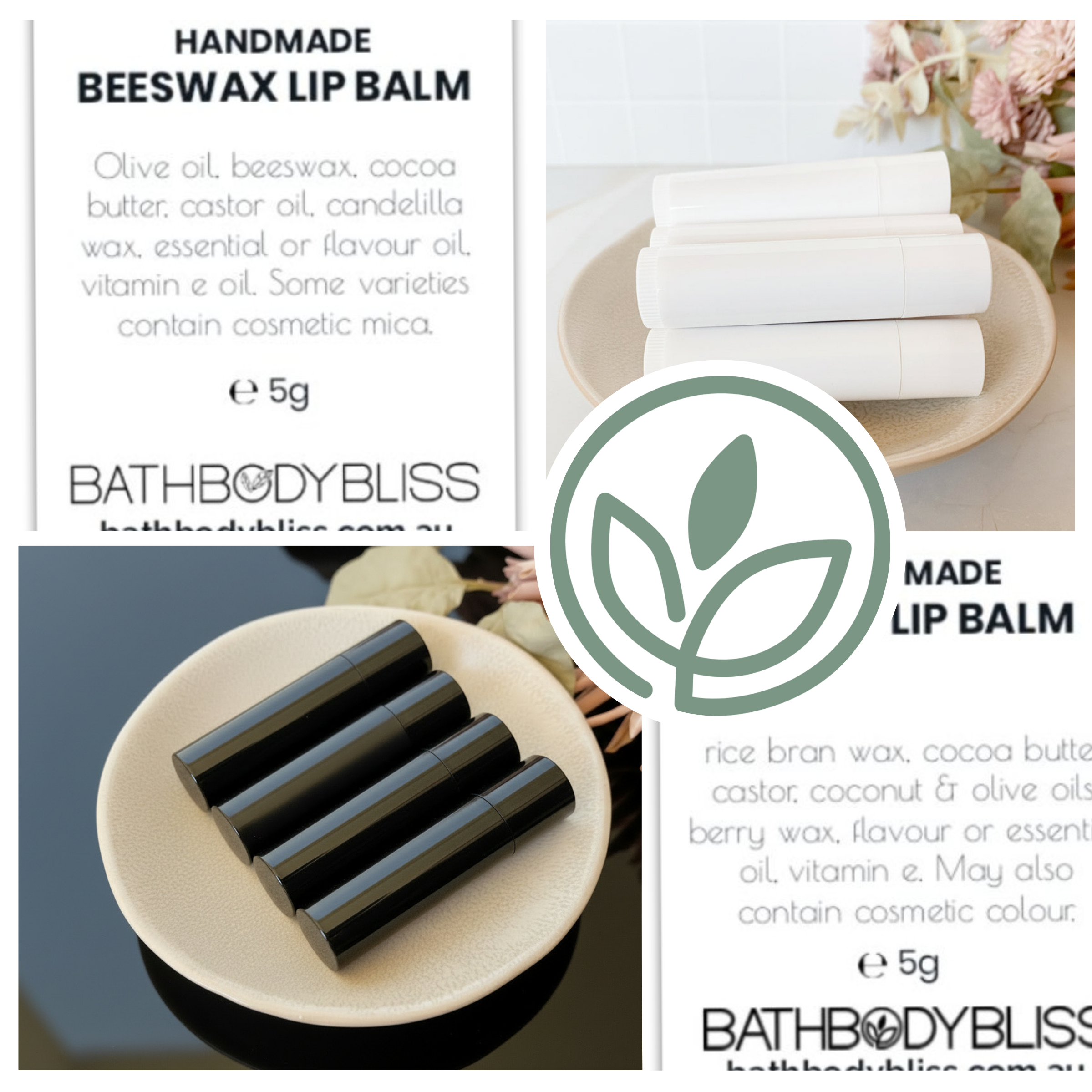 Bathbody Bliss lip balm packaging labels and blank lip balm tubes in black and white