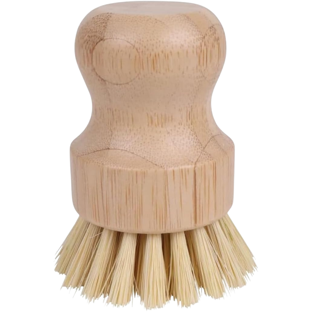 Bamboo dish brush with bristle head on a white background