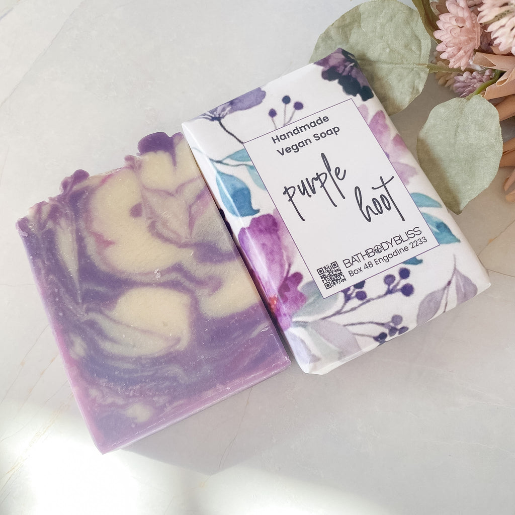 Handmade vegan soap with a decorative label on a light background