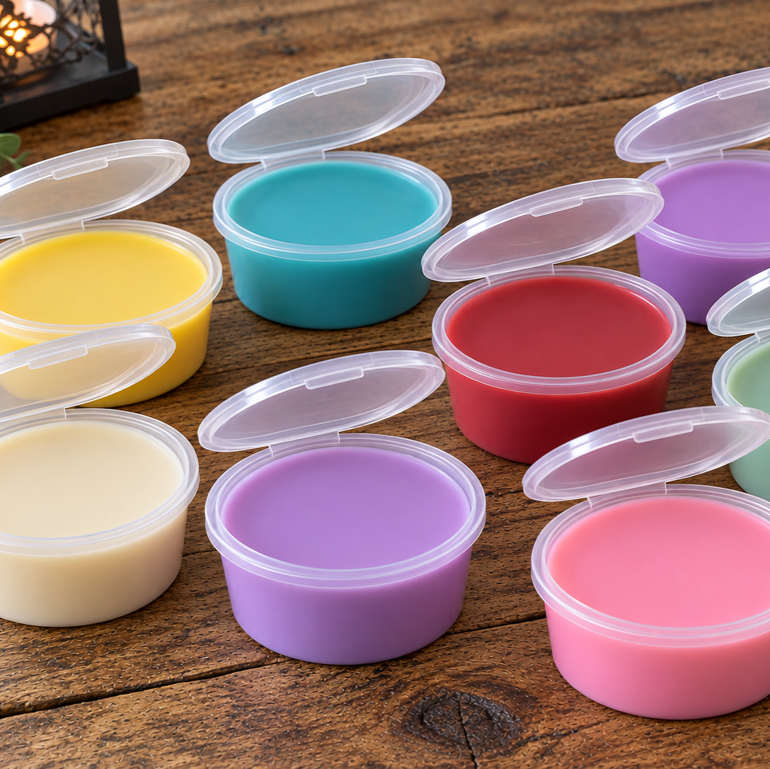Open round clearplastic containers with lids containing coloured wax melts, arranged on a wooden tabletop.