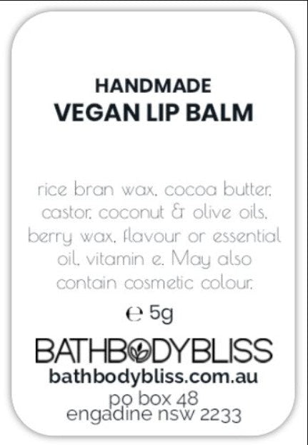 Label for Bathbody Bliss vegan lip balm on a white background