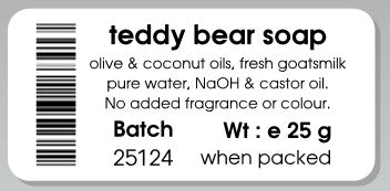 Label for teddy bear soap with barcode, ingredients and batch information.