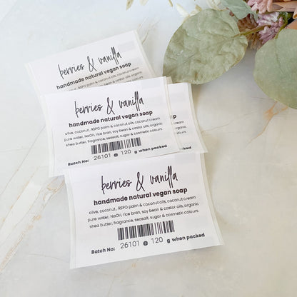Two handmade natural vegan soap labels on a light background with decorative elements.