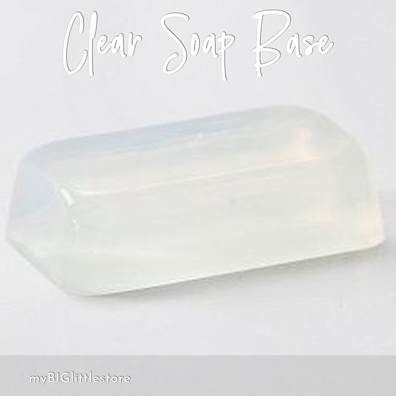 block of clear soap base on a white background with 'myBIGlitterystore' branding.