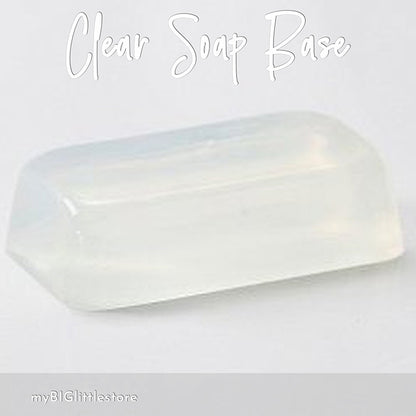 block of clear soap base on a white background with 'myBIGlitterystore' branding.