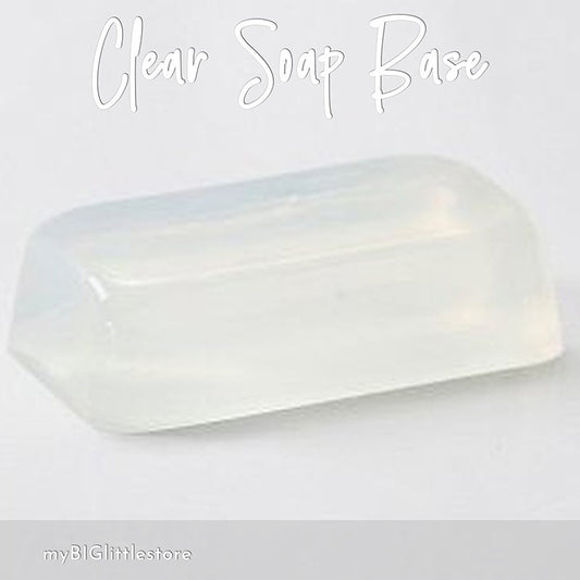 block of clear soap base on a white background with 'myBIGlitterystore' branding.