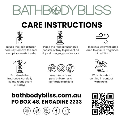 Care instructions for a reed diffuser with BathBodyBliss branding and contact information.