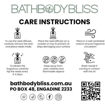Care instructions for a reed diffuser with BathBodyBliss branding and contact information.