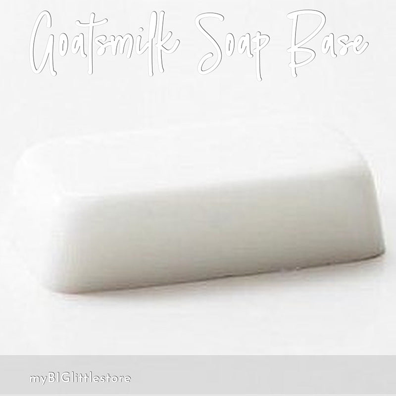 Block of goatsmilk soap base on a white background with 'myBIGlitterstore' branding.