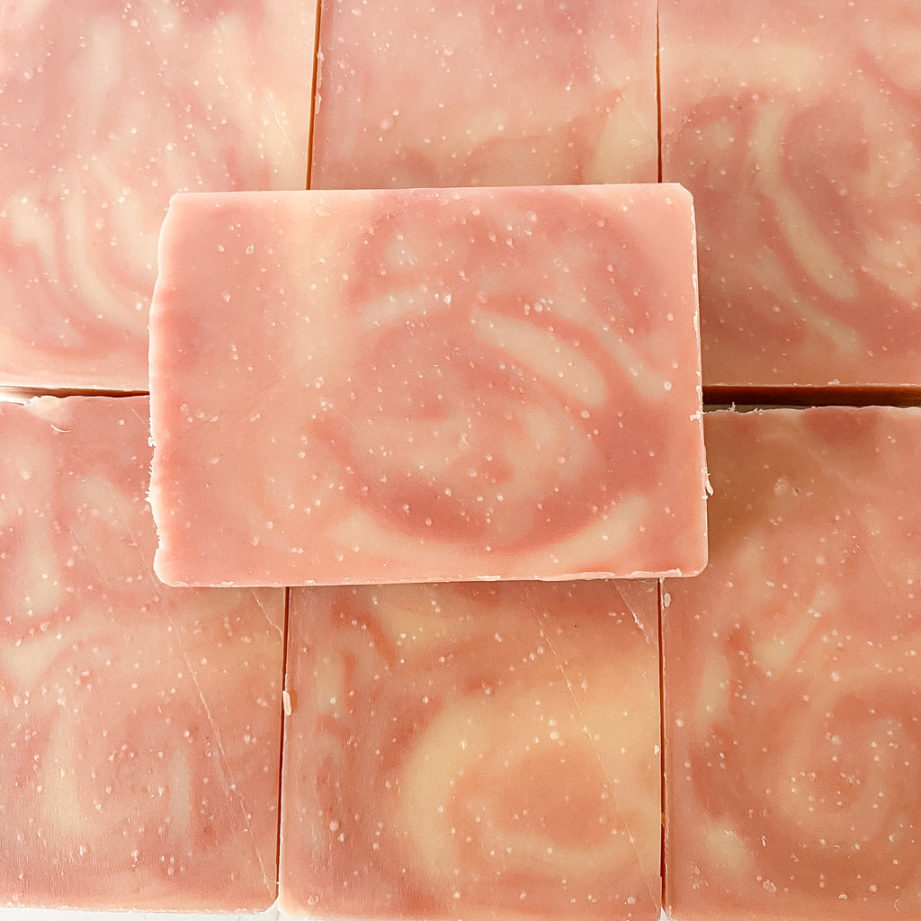 Pink soap bars with a swirling pattern 