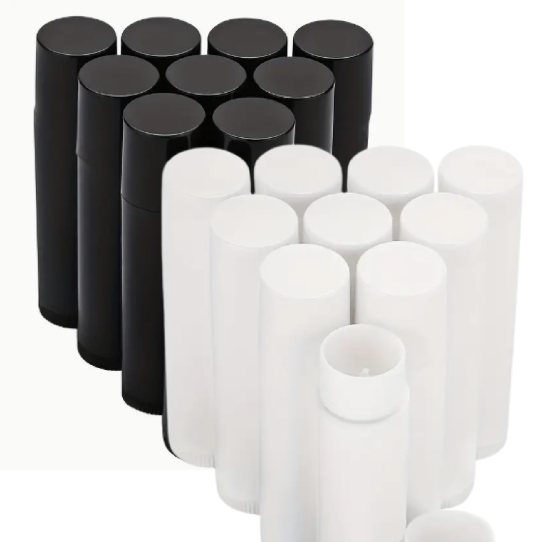 Black and white lip balm tubes on a white background