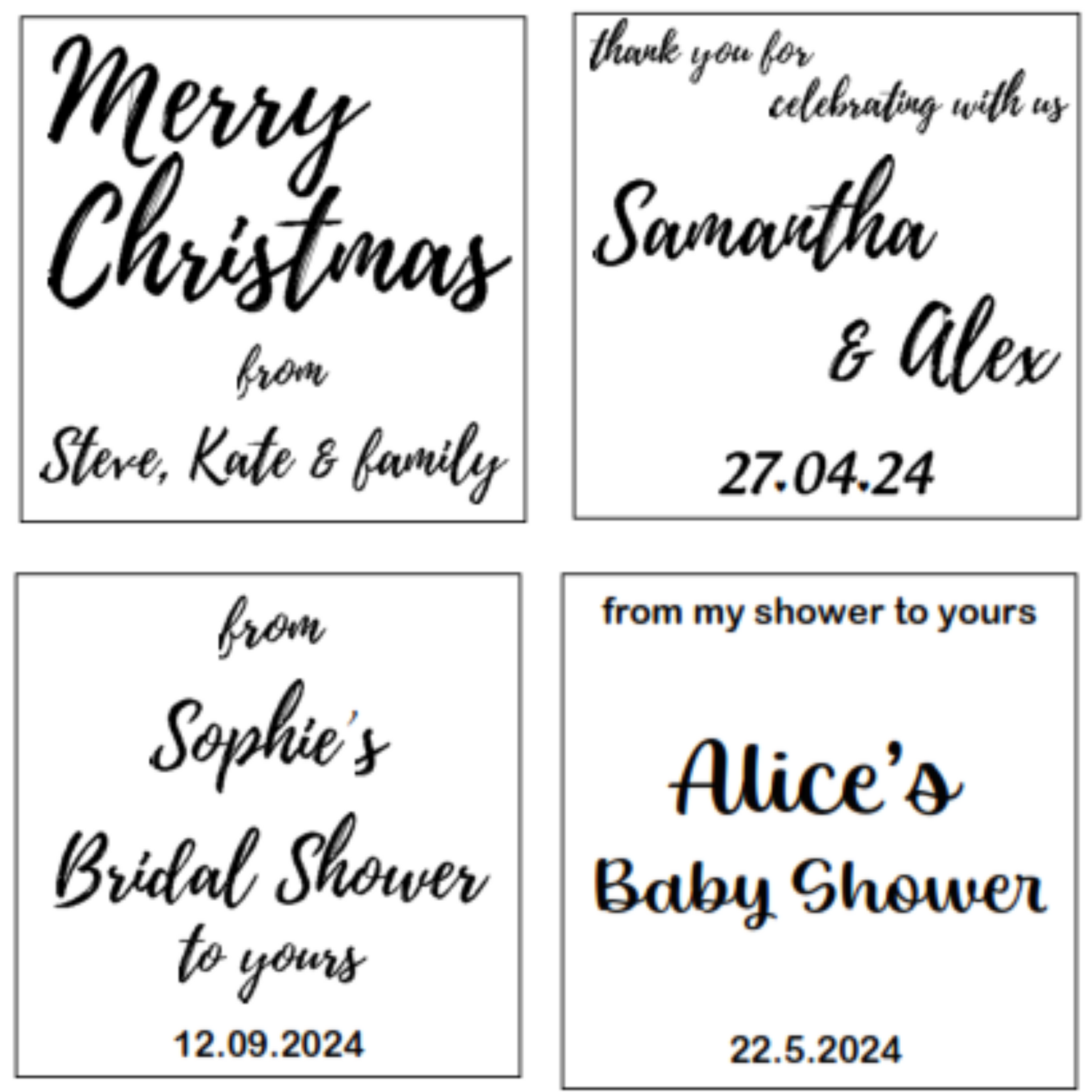 Four personalized gift tags with printed text, each with a different message, in a merry christmas and baby shower theme.