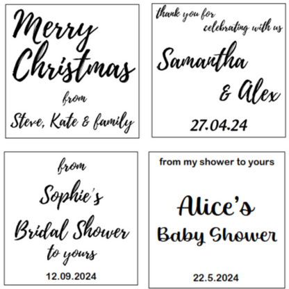 Four personalized gift tags with printed text, each with a different message, in a merry christmas and baby shower theme.