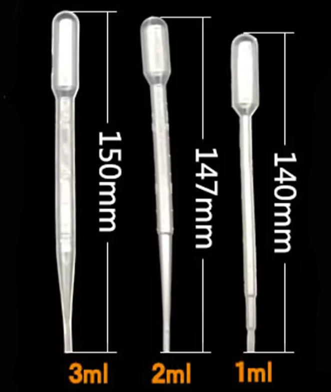 Three pipette tips with measurements on a black background