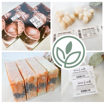 Collage of various packaging with a central logo and product labels.