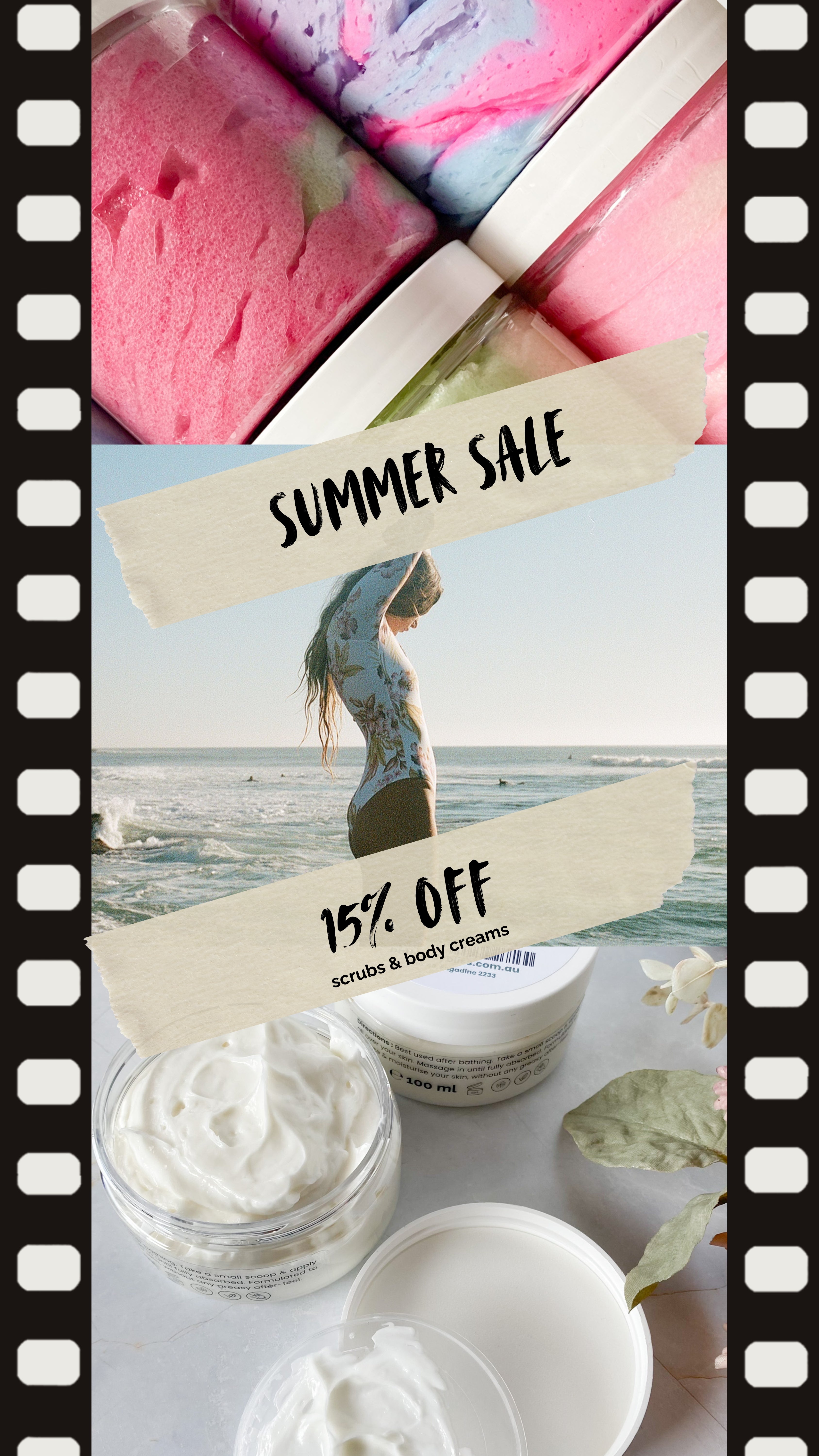 Promotional image with summer sale text over beach scene and skincare products.