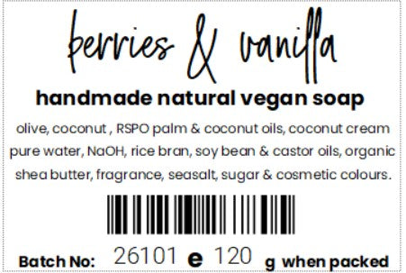 Label for handmade natural vegan soap with ingredients list, barcode and batch number.