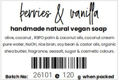 Label for handmade natural vegan soap with ingredients list, barcode and batch number.