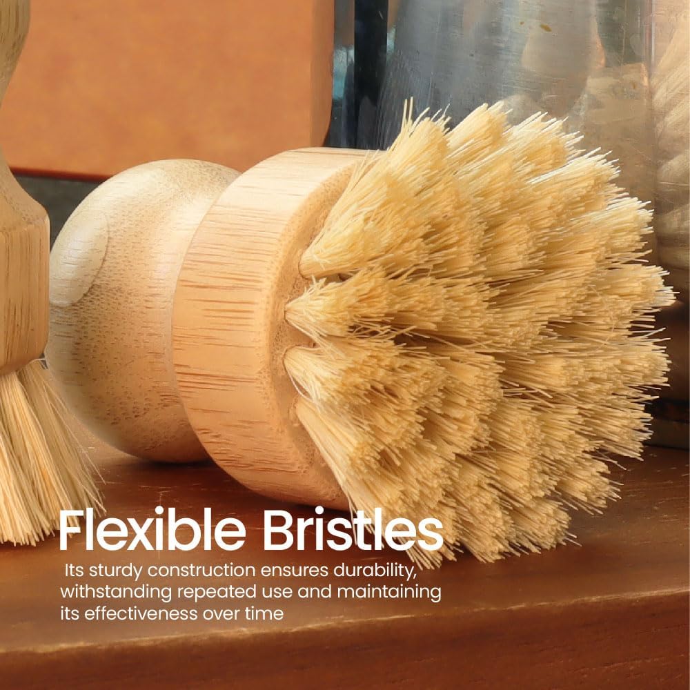 Wooden brush with natural bristles on a wooden surface, with text highlighting flexible bristles.